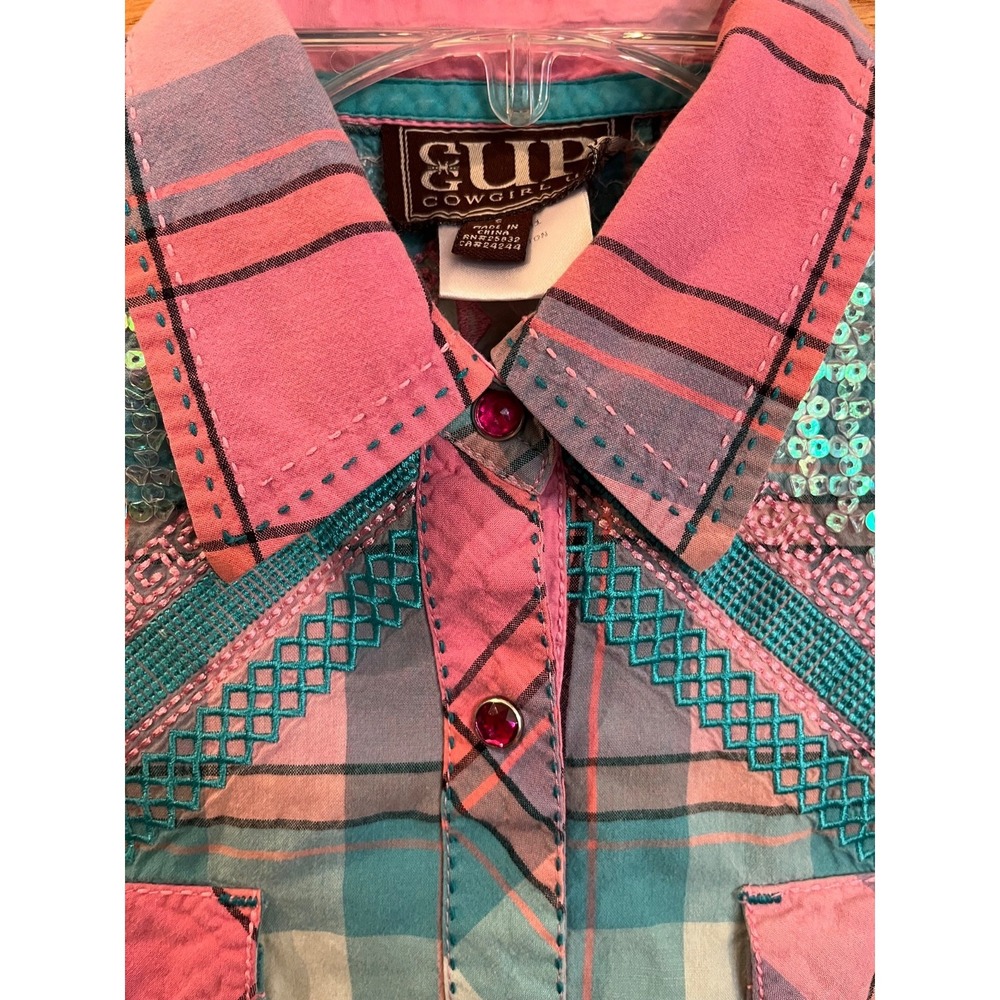 Cowgirl Up Pink Plaid Sequin Snap Shirt Womens Small Western Rodeo - Picture 7 of 12